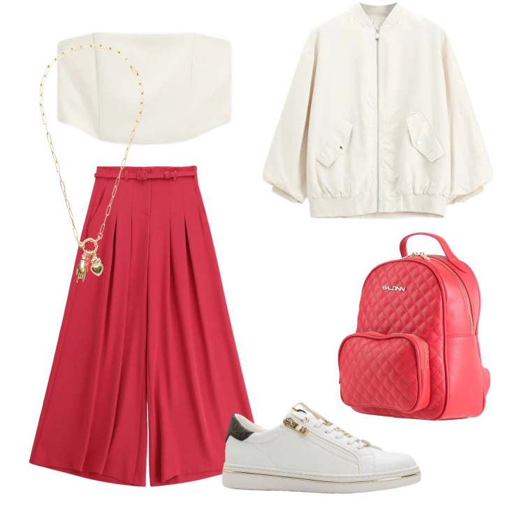 Outfit donna - A passeggio in bianco e rosso. Stile Casual chic per Tutti i giorni. Abbinamento con zaini, sneakers, pantaloni a palazzo, top, bomber, ciondoli.