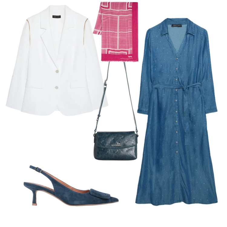 Outfit donna - Casual chic ufficio tempo libero. Stile Casual chic per Tutti i giorni. Abbinamento con décolleté, vestiti, blazer, borse a tracolla, sciarpe.