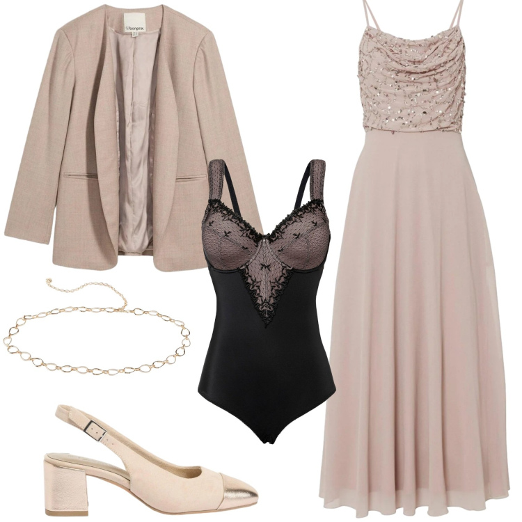 Outfit donna - Total Beige. Stile Bon Ton per Cerimonia. Abbinamento con body, vestiti, blazer, décolleté, cinture.
