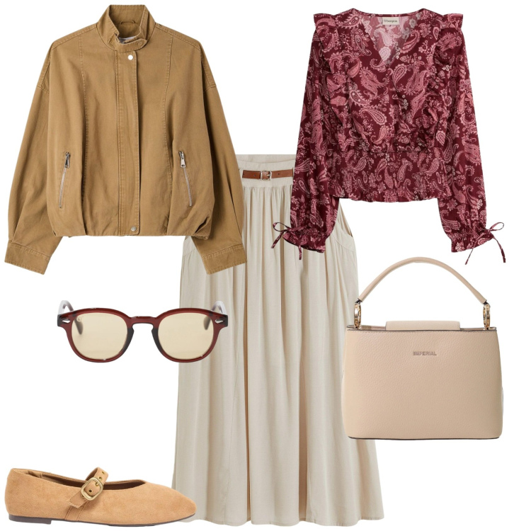 Outfit donna - Casual chic ufficio tempo libero. Stile Casual chic per Tutti i giorni. Abbinamento con gonne lunghe, bluse, ballerine, bomber, occhiali da sole, borse a secchiello.