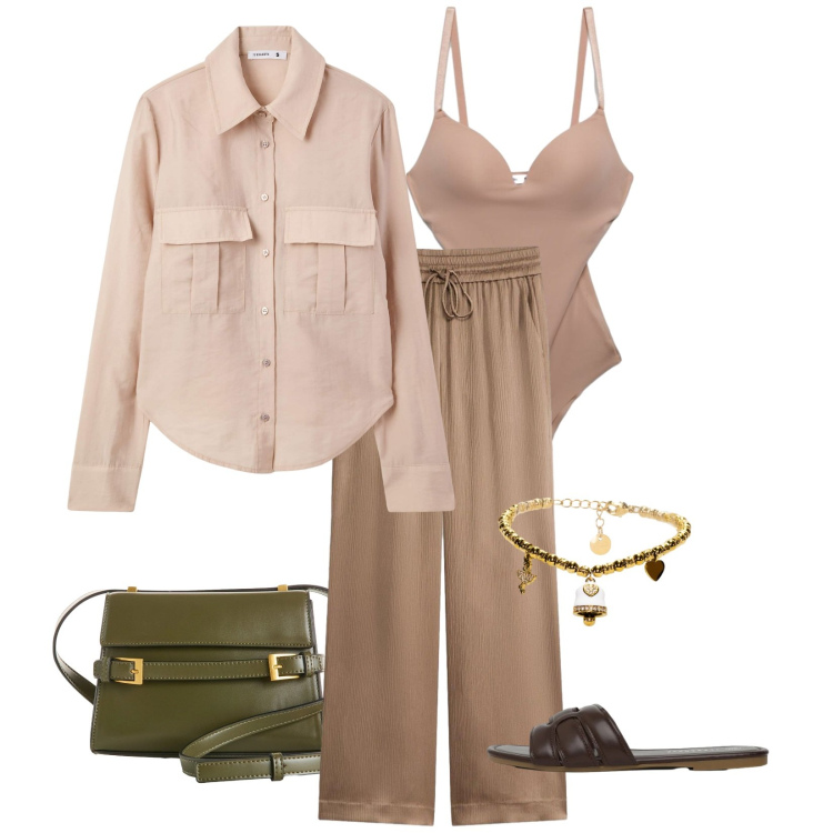 Outfit donna - Business chic. Stile Casual chic per Ufficio. Abbinamento con pantaloni a palazzo, borse a tracolla, body, ciabatte, camicie, braccialetti.
