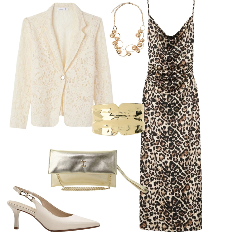 Outfit donna - Chic serata evento speciale. Stile Chic per Serata fuori. Abbinamento con décolleté, blazer, vestiti lunghi, braccialetti, borse a tracolla, collane.
