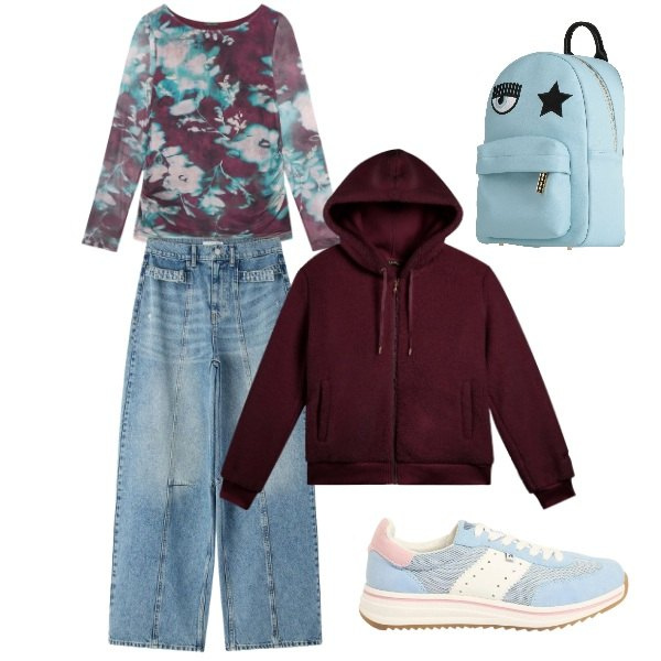 Outfit donna - azzurro e bordeaux. Stile Sporty chic per Tutti i giorni. Abbinamento con zaini, sneakers, jeans, t-shirt, bomber.