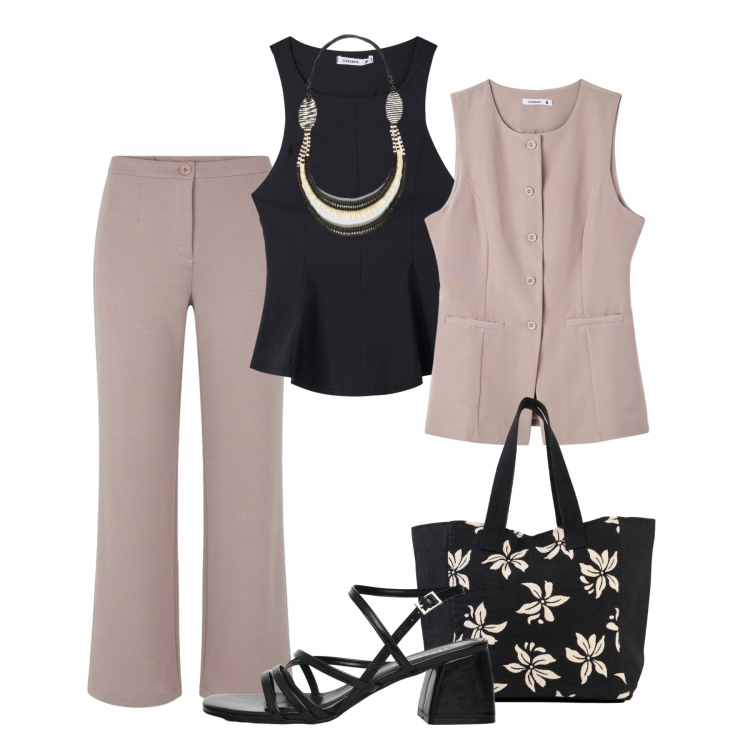 Outfit donna - Urbana con stile. Stile Urban per Tutti i giorni. Abbinamento con shopping bag, collane, gilet, top, pantaloni, sandali col tacco.