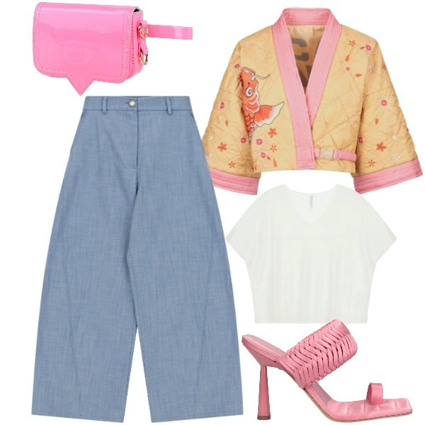 Outfit donna - Fantasia al potere. Stile Trendy per Tutti i giorni. Abbinamento con ciabatte, marsupi, jeans, top, kimono.