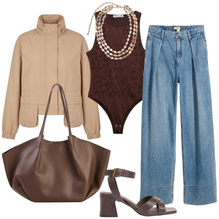 Outfit donna - Pronta per il weekend. Stile Trendy per Tutti i giorni. Abbinamento con jeans, sandali col tacco, shopping bag, top, bomber, collane.