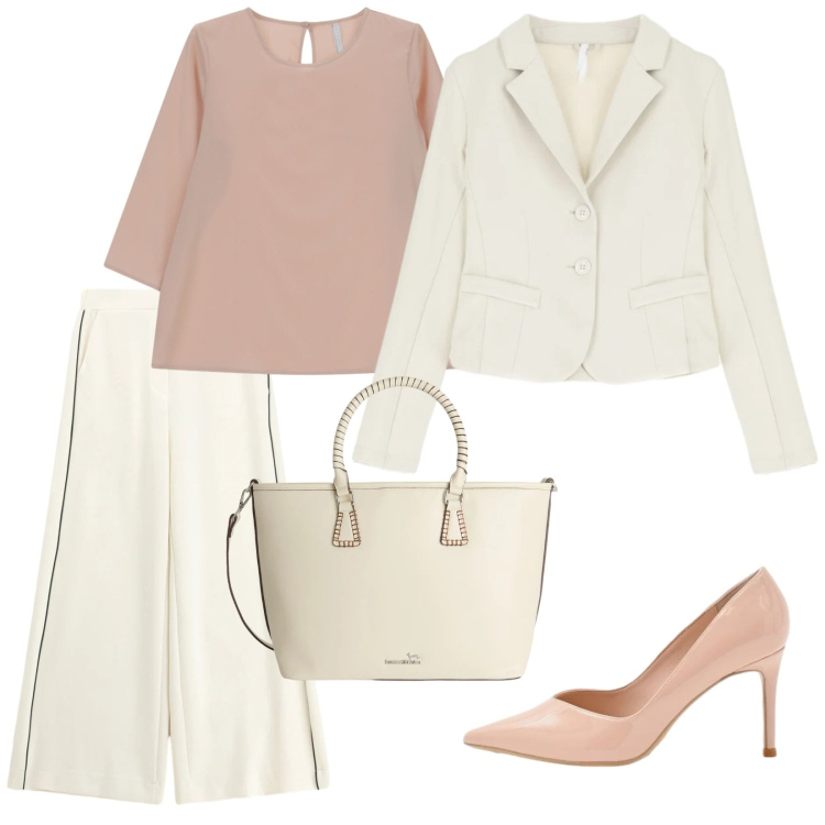 Outfit donna - Congresso aprile. Stile Chic per Ufficio. Abbinamento con shopping bag, bluse, blazer, pantaloni a palazzo, décolleté.