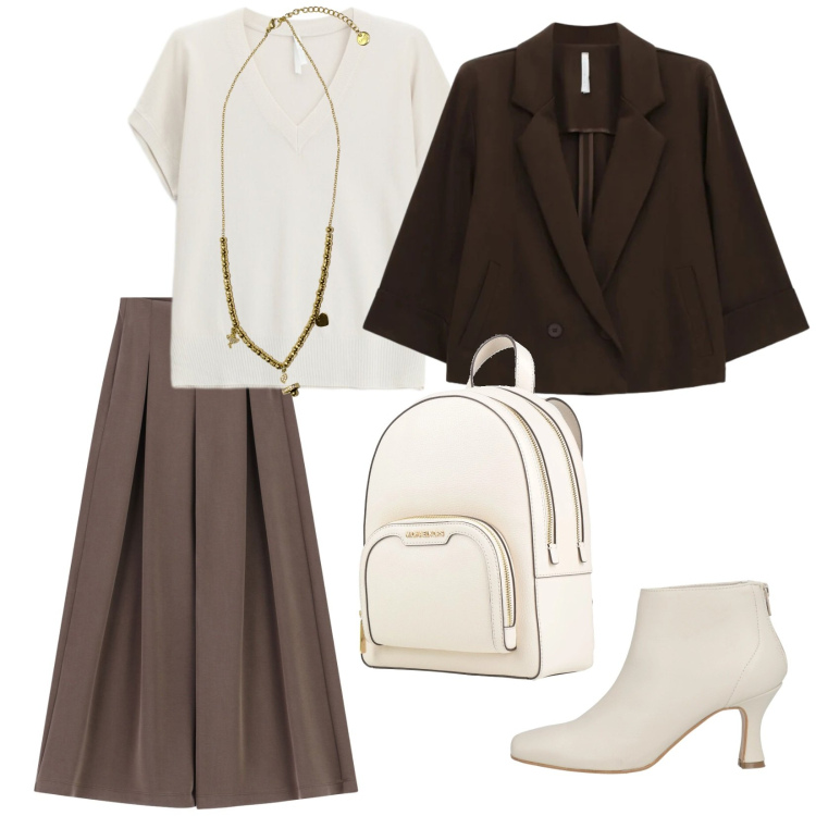 Outfit donna - Aprile 26. Stile Chic per Ufficio. Abbinamento con stivaletti, zaini, pantaloni a palazzo, blazer, maglieria, ciondoli.