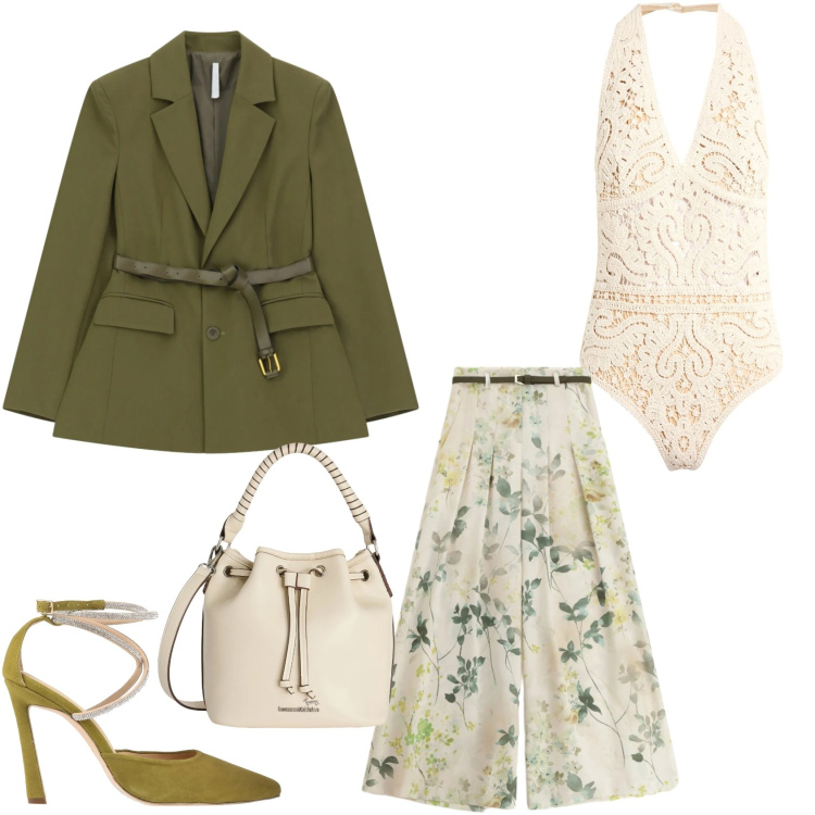 Outfit donna - Macrame\' e fantasia botanica. Stile Boho per Tutti i giorni. Abbinamento con body, décolleté, pantaloni a palazzo, blazer, borse a secchiello.