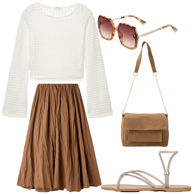 Outfit donna - Total look #2385187. Stile Etnico per Tutti i giorni. Abbinamento con occhiali da sole, borse a tracolla, maglieria, sandali, gonne lunghe.