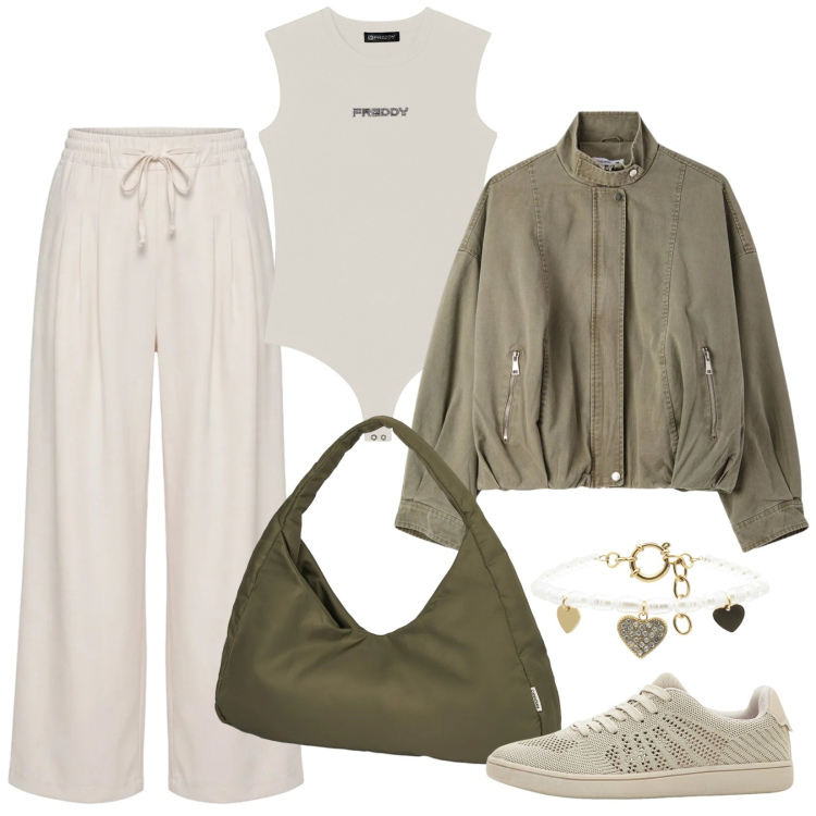 Outfit donna - Sporty super chic. Stile Sporty chic per Tutti i giorni. Abbinamento con sneakers, bomber, pantaloni, braccialetti, top, borse a spalla.