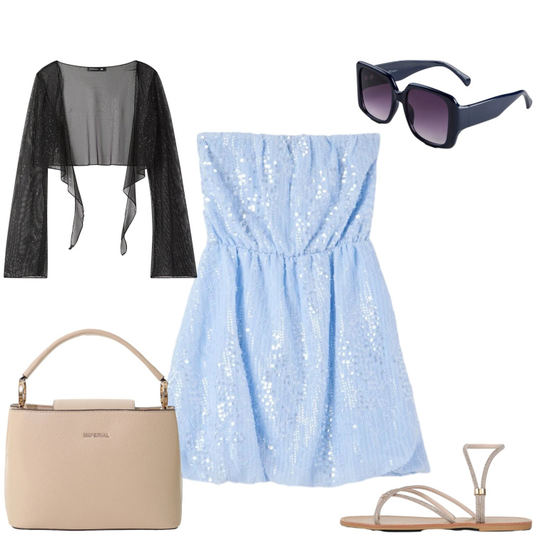 Outfit donna - Bagliori d\'Estate. Stile Romantica per Tutti i giorni. Abbinamento con occhiali da sole, blazer, sandali, vestiti corti, borse a secchiello.