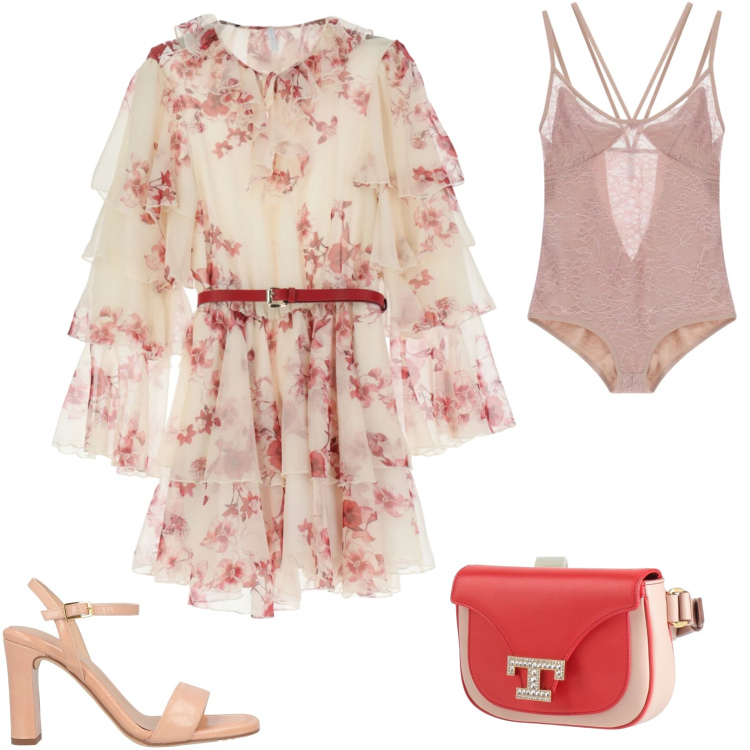 Outfit donna - Incanto Floreale in Seta e Pizzo. Stile Romantica per Tutti i giorni. Abbinamento con marsupi, sandali in pelle, vestiti corti, body.