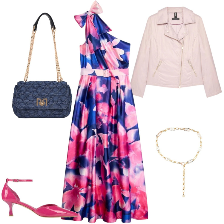 Outfit donna - Aprile floreale. Stile Romantica per Serata fuori. Abbinamento con décolleté, vestiti asimmetrici, piumini, cinture, borse a spalla.