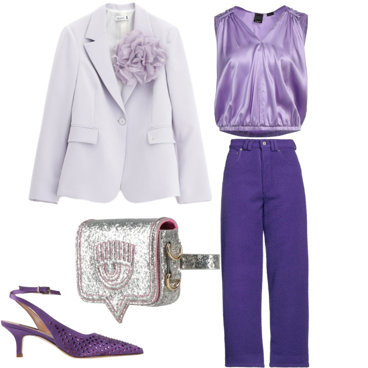 Outfit donna - I toni LAVANDA. Stile Bon Ton per Serata fuori. Abbinamento con top, pantaloni, décolleté, marsupi, blazer.