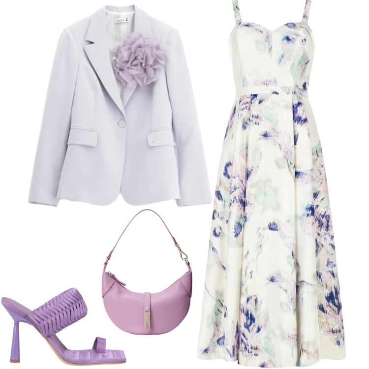 Outfit donna - Il Blazer LAVANDA. Stile Glamour per Cerimonia. Abbinamento con ciabatte, blazer, vestiti midi/longuette, borse a spalla.