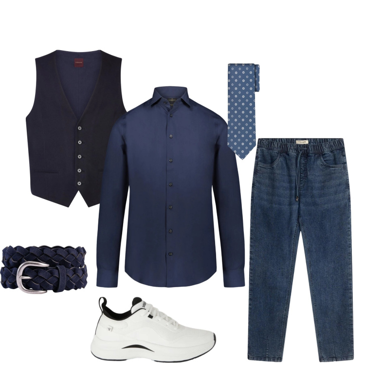 Outfit uomo - L\'Eleganza del Casual Dinamico. Stile Casual per Ufficio. Abbinamento con jeans dritti, sneakers, camicie, gilet, cinture, cravatte.