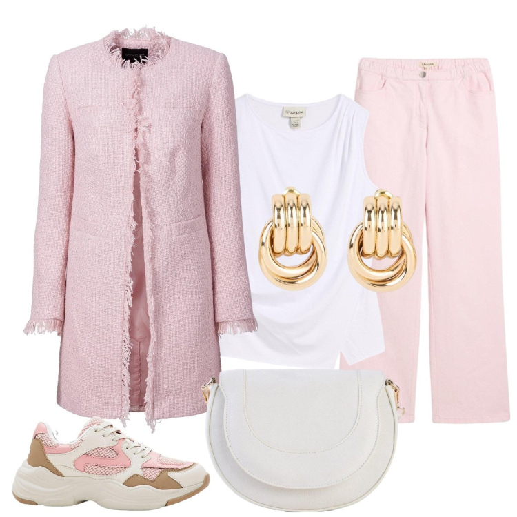 Outfit donna - In città. Stile Casual chic per Tutti i giorni. Abbinamento con blazer, sneakers, orecchini, top, pantaloni a palazzo, borse a tracolla.