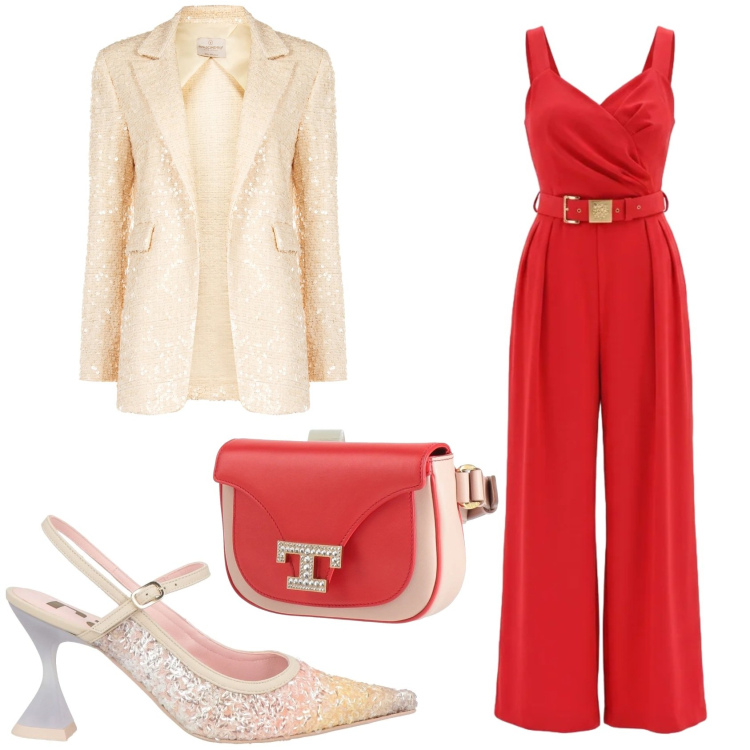 Outfit donna - Red and Gold. Stile Bon Ton per Cerimonia. Abbinamento con marsupi, décolleté, tute, blazer.