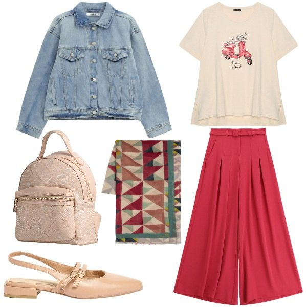 Outfit donna - Comodità raffinata. Stile Casual chic per Tutti i giorni. Abbinamento con zaini, ballerine, pantaloni a palazzo, t-shirt, blazer, sciarpe.