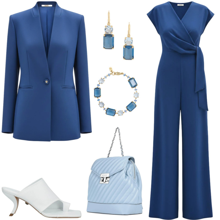 Outfit donna - Invito ad un Battesimo. Stile Trendy per Serata fuori. Abbinamento con zaini, ciabatte, tute, blazer, orecchini, braccialetti.