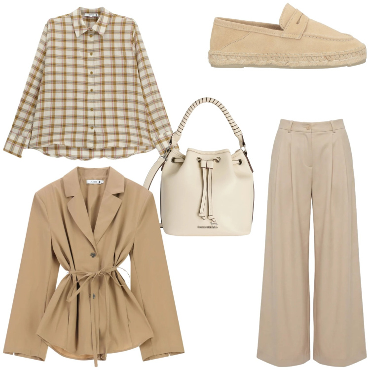 Outfit donna - Urban safari. Stile Trendy per Tutti i giorni. Abbinamento con mocassini, camicie, blazer, borse a secchiello, pantaloni.
