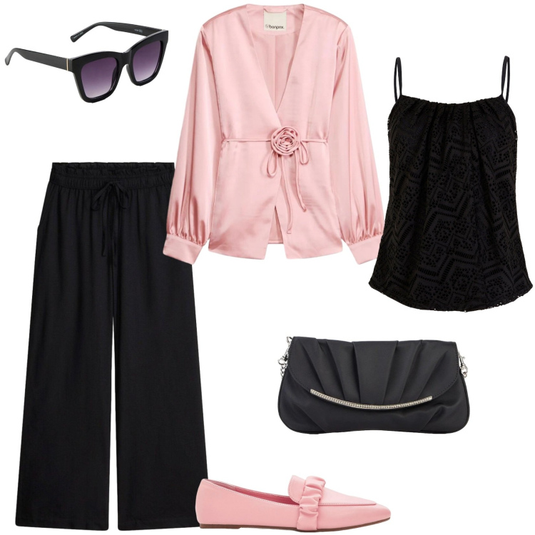 Outfit donna - Bonprix: cool spring. Stile Casual chic per Serata fuori. Abbinamento con blazer, pantaloni a palazzo, top, mocassini, occhiali da sole, clutch.