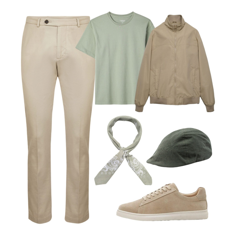 Outfit uomo - Neutral colours. Stile Urban per Tutti i giorni. Abbinamento con sneakers, bomber, t-shirt, cappelli con visiera, sciarpe e foulard, pantaloni.