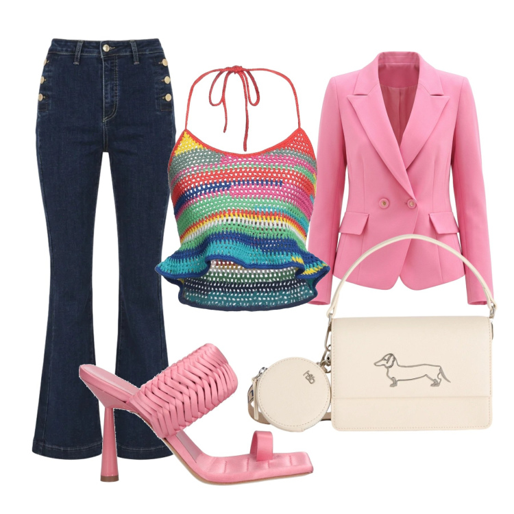 Outfit donna - Il top multicolore versione sporty chic. Stile Sporty chic per Serata fuori. Abbinamento con top, ciabatte, blazer, jeans a zampa, borse a tracolla.