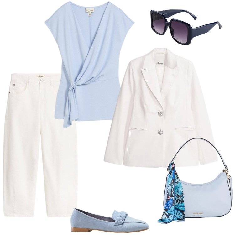 Outfit donna - Bonprix: cool spring. Stile Casual chic per Ufficio. Abbinamento con pantaloni, blazer, mocassini, borse a mano, occhiali da sole, canottiere.