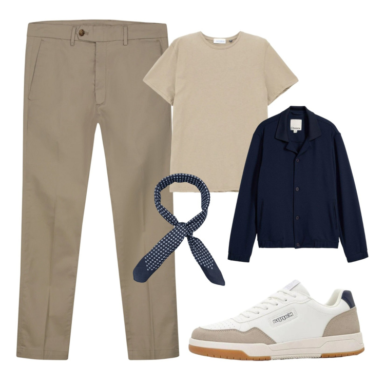 Outfit uomo - Layering leggero. Stile Urban per Tutti i giorni. Abbinamento con bomber, sneakers, t-shirt, pantaloni chino, sciarpe e foulard.