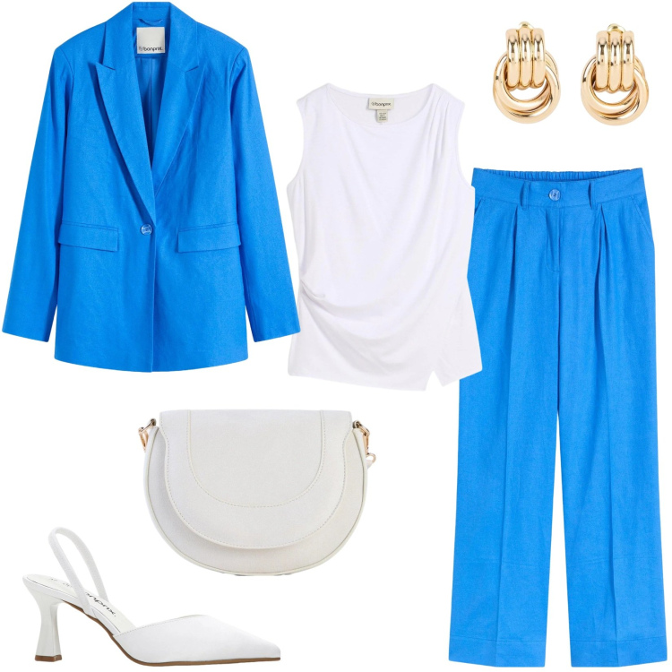 Outfit donna - Bonprix: cool spring. Stile Casual chic per Ufficio. Abbinamento con top, blazer, pantaloni a palazzo, borse a tracolla, décolleté, orecchini.