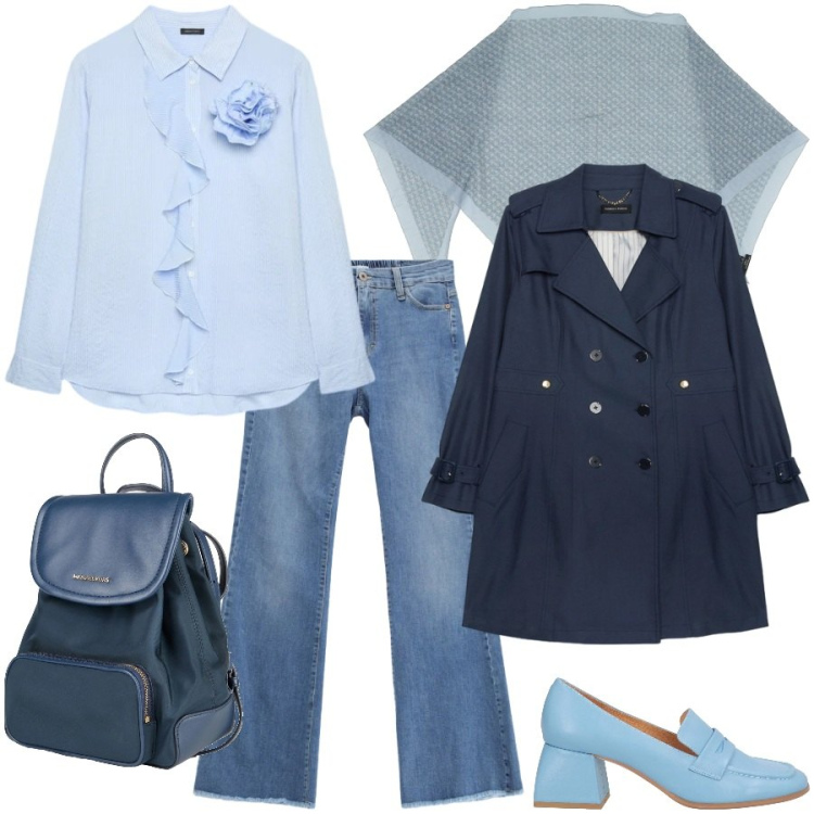 Outfit donna - In città. Stile Casual chic per Tutti i giorni. Abbinamento con mocassini, stole, zaini, camicie, trench, jeans.