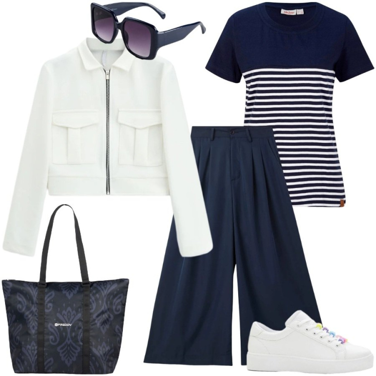 Outfit donna - Blu e bianco, un classico. Stile Casual chic per Tutti i giorni. Abbinamento con t-shirt, occhiali da sole, sneakers, pantaloni, cappotti, shopping bag.