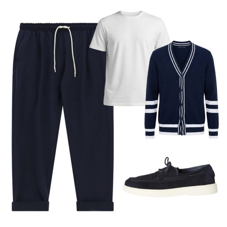 Outfit uomo - Weekend di primavera. Stile Casual per Mare. Abbinamento con pantaloni sportivi, t-shirt, scarpe stringate, cardigans.