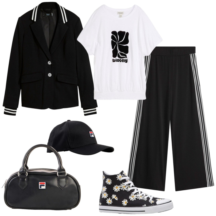 Outfit donna - Bonprix: cool spring. Stile Trendy per Tutti i giorni. Abbinamento con borse a tracolla, pantaloni, blazer, t-shirt, sneakers, cappelli con visiera.