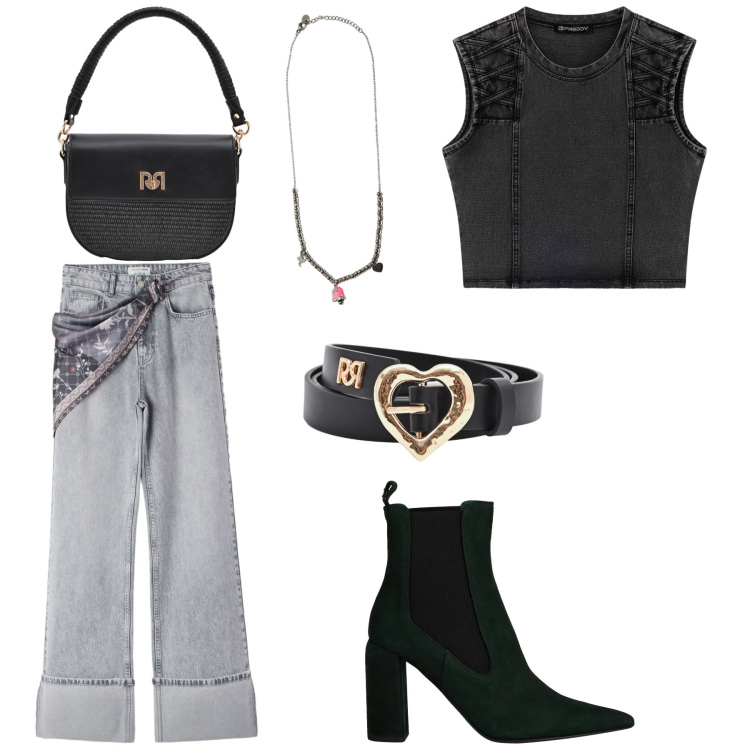 Outfit donna - Eclypse. Stile Glamour per Serata fuori. Abbinamento con stivaletti, jeans, borse a spalla, cinture, top, ciondoli.