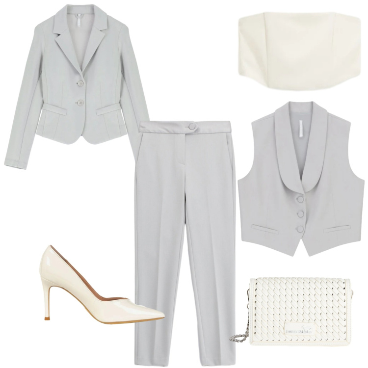 Outfit donna - Armocromia estate. Stile Casual chic per Tutti i giorni. Abbinamento con borse a tracolla, pantaloni, blazer, gilet, top, décolleté.