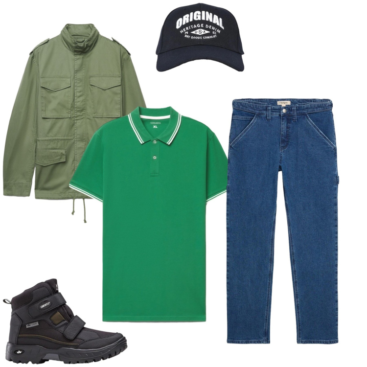 Outfit uomo - Urban Explorer. Stile Casual per Tutti i giorni. Abbinamento con stivali e stivaletti, jeans dritti, cappotti, cappelli con visiera, polo.