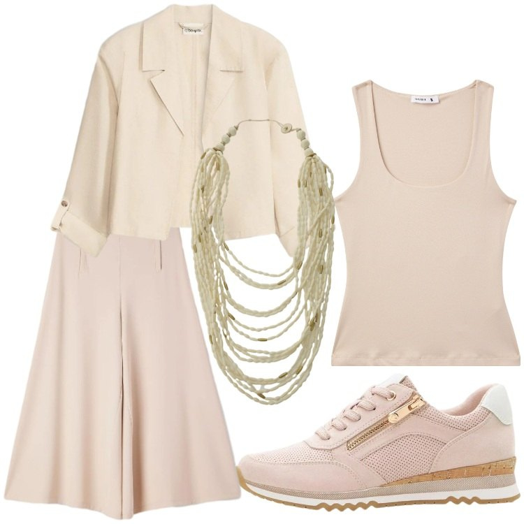 Outfit donna - Soft beige. Stile Sporty chic per Tutti i giorni. Abbinamento con sneakers, blazer, canottiere, pantaloni, collane.