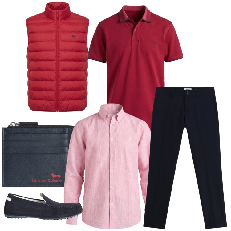Outfit uomo - Red Passion. Stile Casual per Tutti i giorni. Abbinamento con pantaloni, scarpe stringate, portamonete, piumini, camicie, polo.