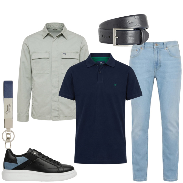Outfit uomo - Urban Relax. Stile Casual per Tutti i giorni. Abbinamento con portachiavi, cinture, sneakers, jeans, giacche, polo.