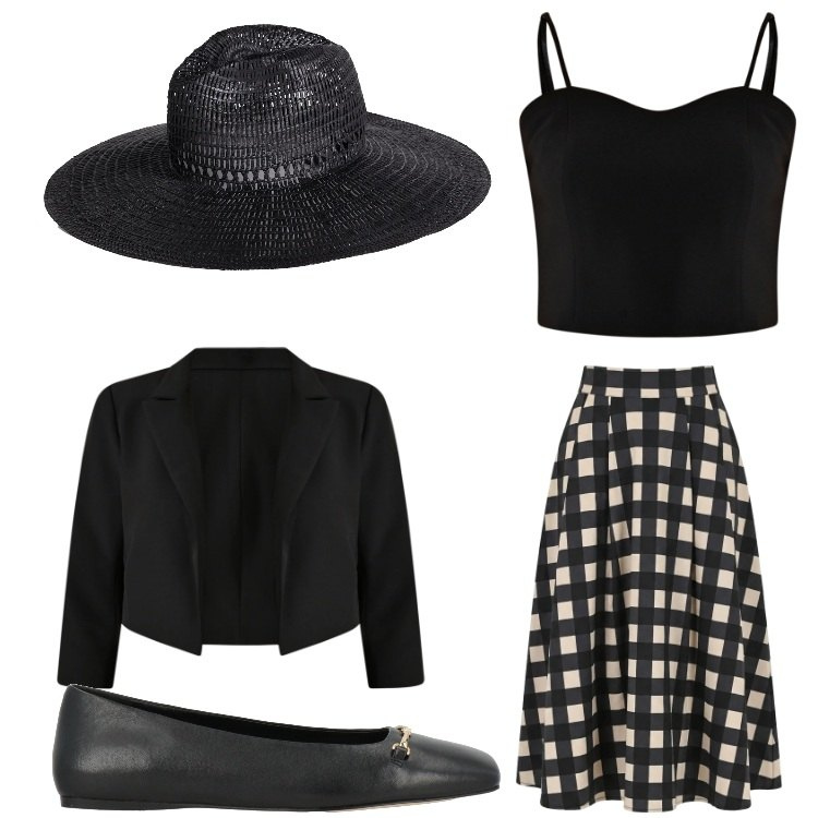 Outfit donna - Vacanze romane. Stile Bon Ton per Serata fuori. Abbinamento con cappelli, ballerine, gonne longuette, top, bolero.