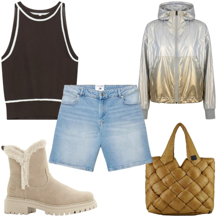 Outfit donna - Total look #2385250. Stile Trendy per Tutti i giorni. Abbinamento con stivaletti, shorts, top, borse tote, bomber.