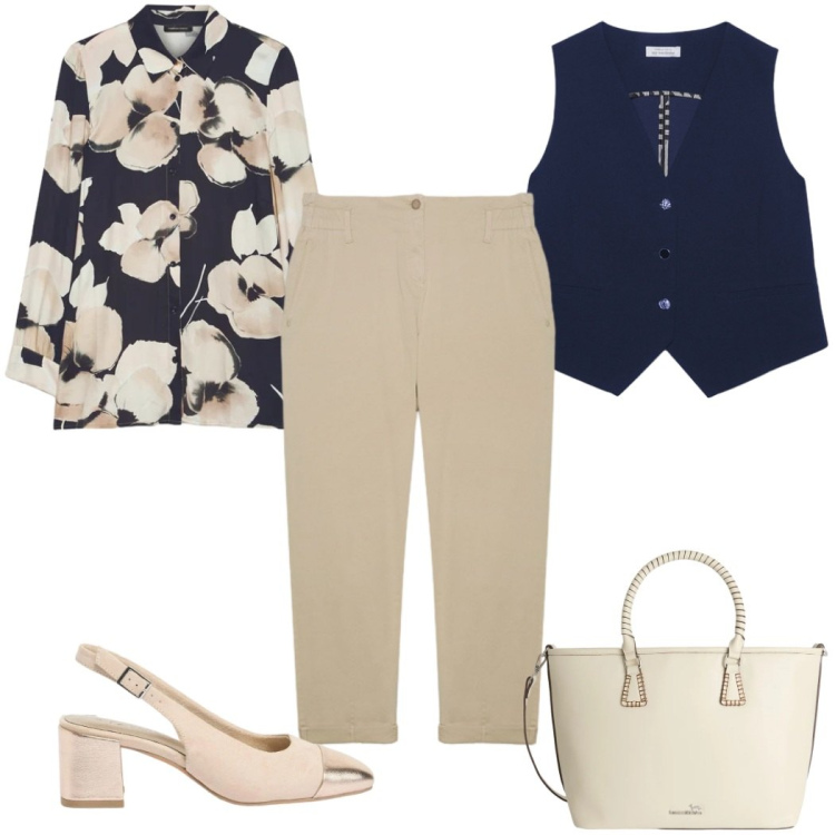 Outfit donna - Total look #2385254. Stile Casual chic per Tutti i giorni. Abbinamento con décolleté, camicie, pantaloni, gilet, shopping bag.