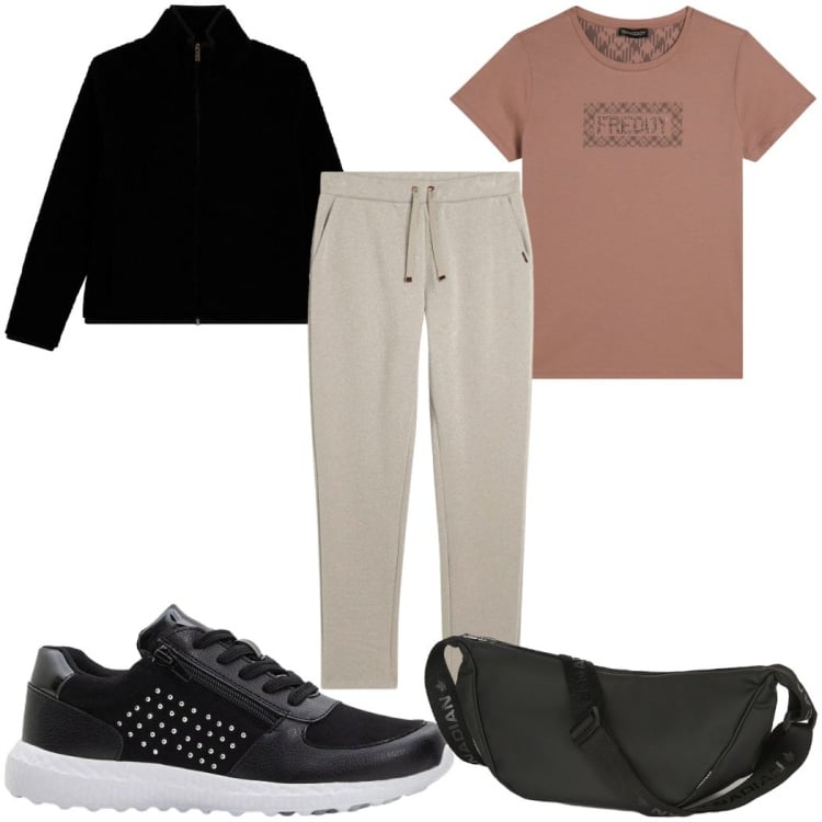 Outfit donna - Total look #2385261. Stile Basic per Sport. Abbinamento con sneakers, pantaloni, bomber, t-shirt, marsupi.