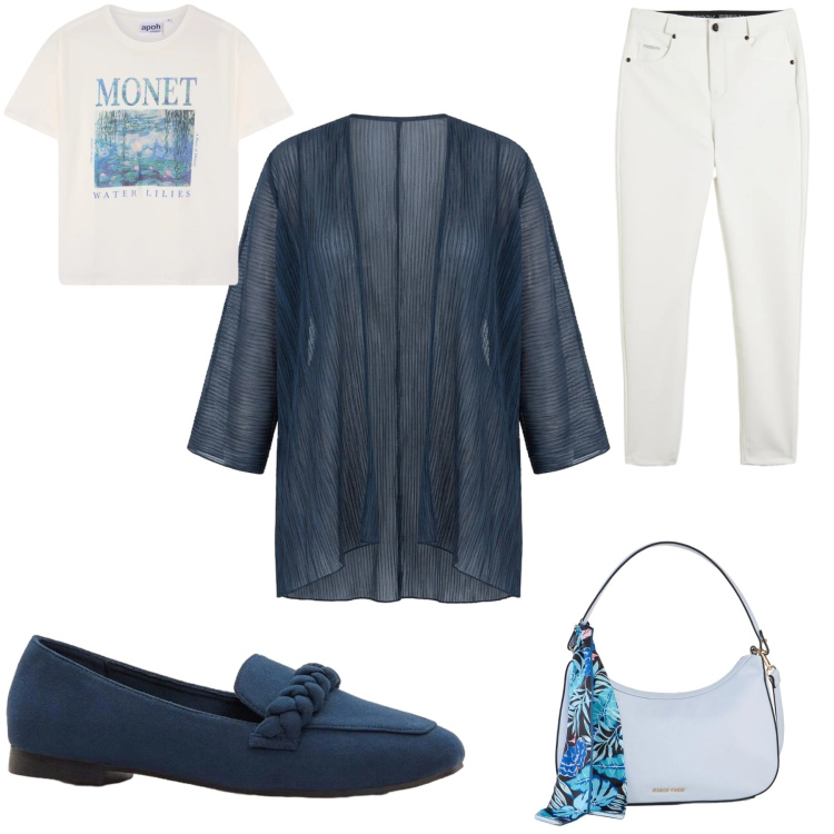 Outfit donna - Tempo libero. Stile Casual per Tutti i giorni. Abbinamento con mocassini, borse a mano, t-shirt, blazer, pantaloni skinny.