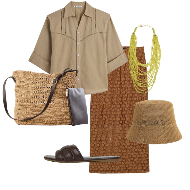 Outfit donna - Total look #2385271. Stile Sporty chic per Tutti i giorni. Abbinamento con gonne lunghe, borse a tracolla, camicie a manica corta, ciabatte, cappelli, collane.