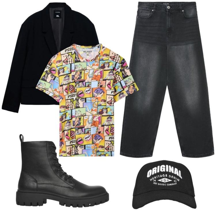Outfit uomo - #cartoon. Stile Urban per Tutti i giorni. Abbinamento con t-shirt, anfibi, cappelli con visiera, jeans, giacche.