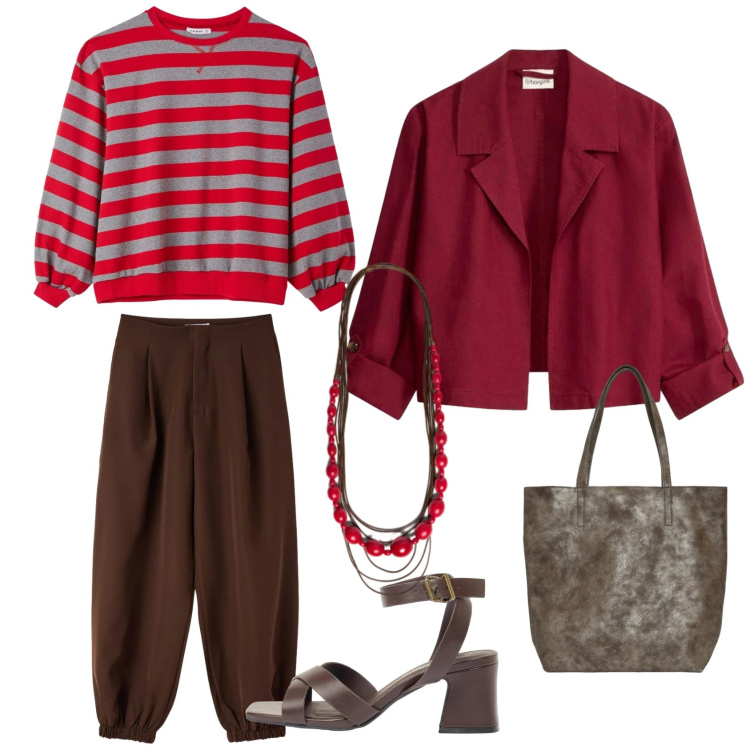 Outfit donna - Cheap but chic!. Stile Glamour per Tutti i giorni. Abbinamento con blazer, sandali col tacco, pantaloni, shopping bag, t-shirt, collane.